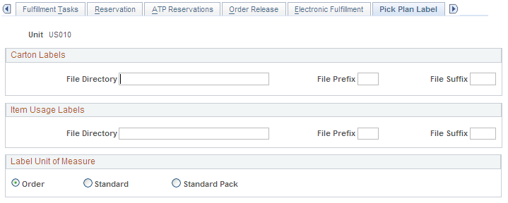 Setup Fulfillment- Pick Plan Label page