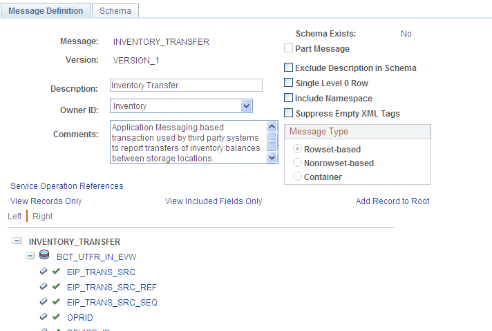 View the fields included in the message used by the INVENTORY_TRANSFER service operation (1 or 2)