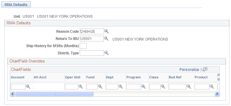 Inventory Definition - Business Unit Options: RMA Defaults page