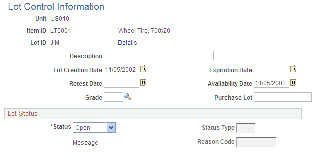 Lot Control Information page