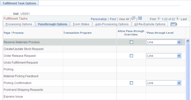 Passthrough Options tab of the Setup Fulfillment-Fulfillment Task Options page (1 of 2)