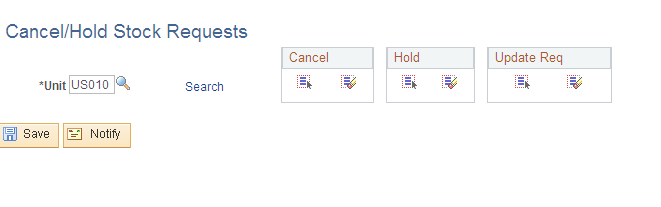 Cancel/Hold Stock Requests page