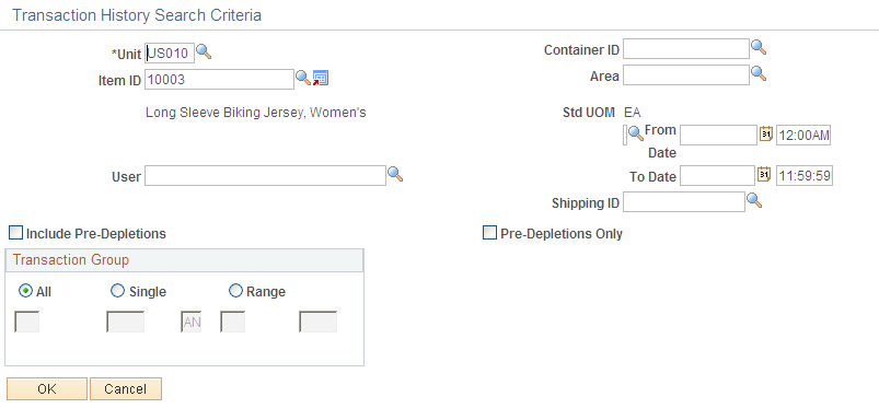 Transaction History Search Criteria page