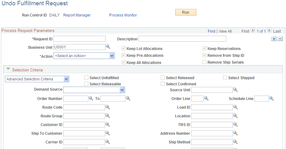 Undo Fulfillment Request process page (1 or 2)