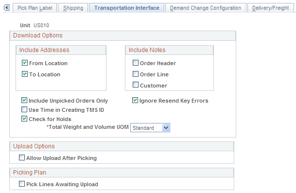 Setup Fulfillment- Transportation Interface page