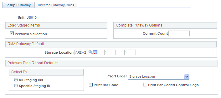 Setup Putaway page