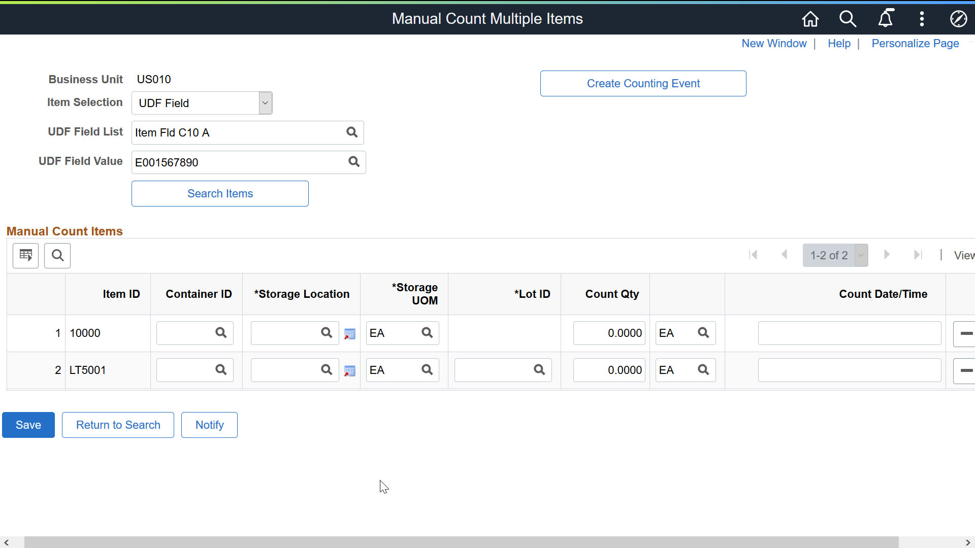 Manual Count Multiple Items page