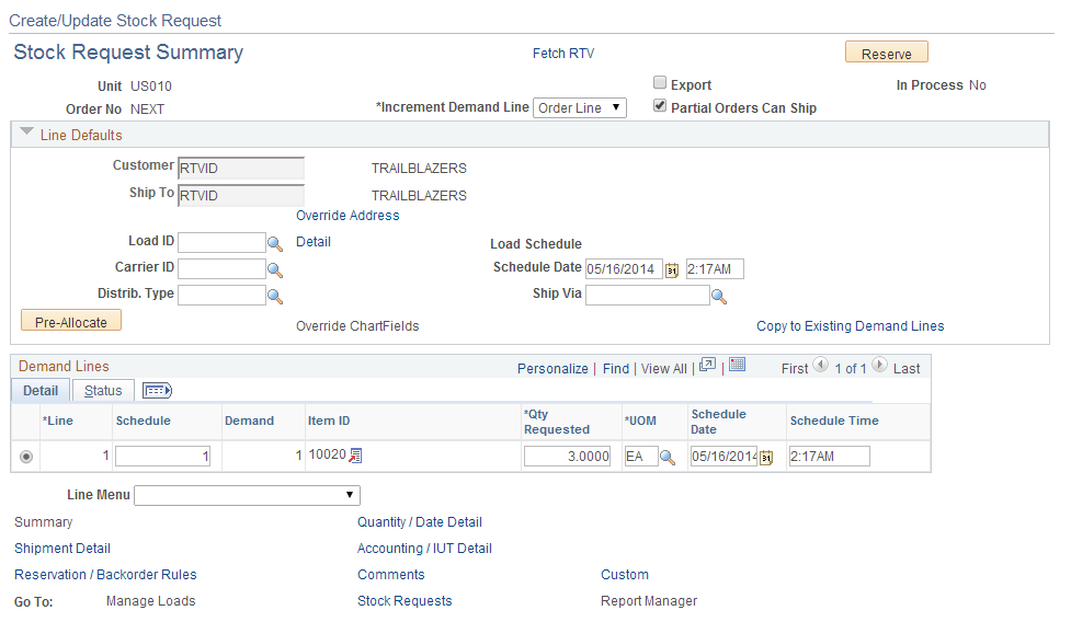 Stock Request Summary page displaying the RTV fields