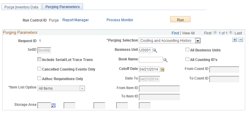 Purging Parameters page