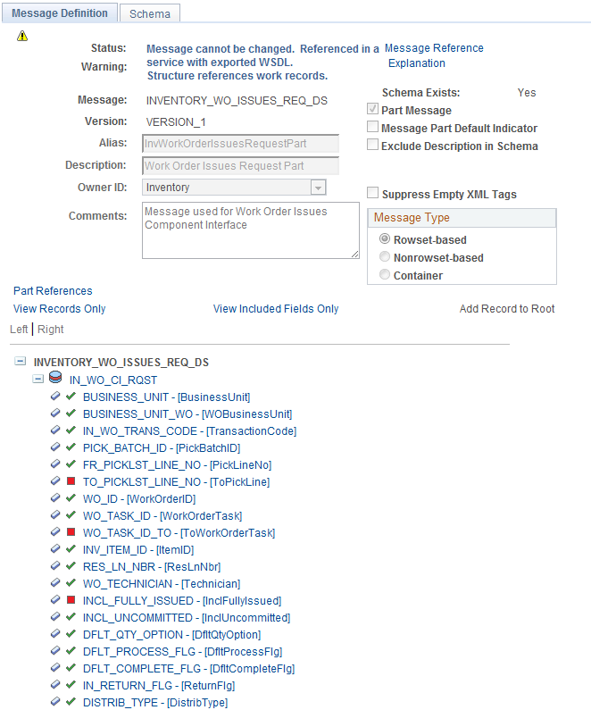 View the fields included in the message used by the INVENTORY_WO_ISSUES service operation (1 or 2)