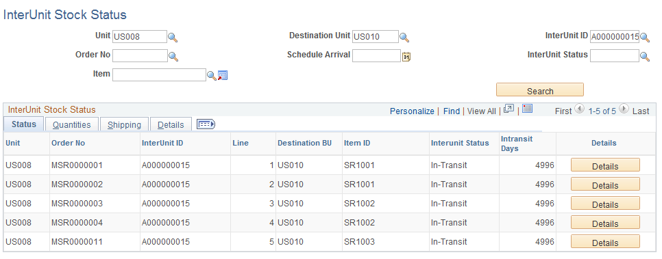 InterUnit Stock Status page