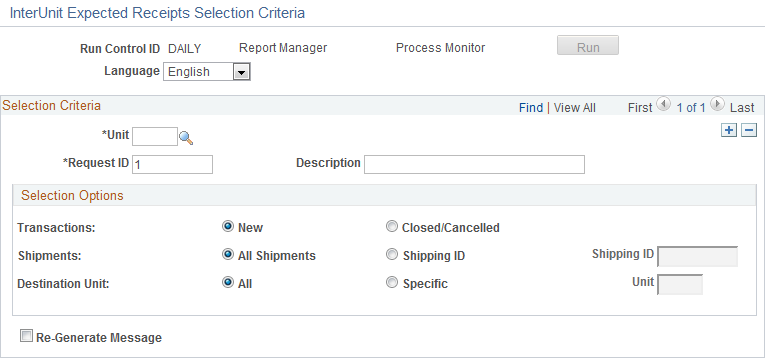 InterUnit Expected Receipts Selection Criteria page