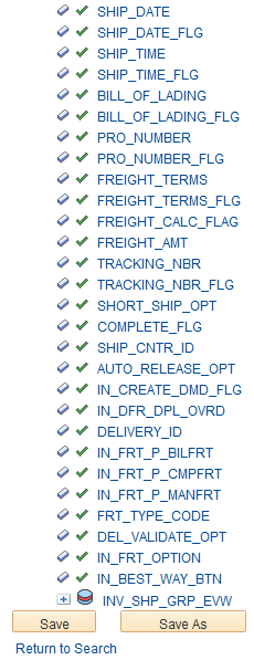 View the fields included in the message used by the INVENTORY_SHIPPING service operation (2 of 2, partial page)