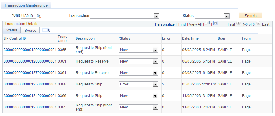 Transaction Maintenance page