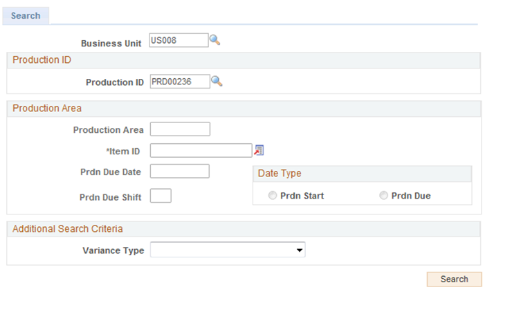 Search tab of the Production Variance Drilldown page