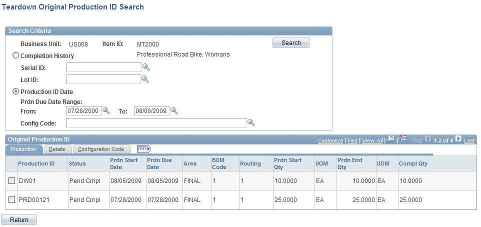 Teardown Original Production ID Search page: Production tab