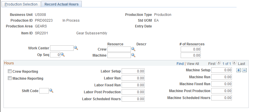 Record Actual Hours page