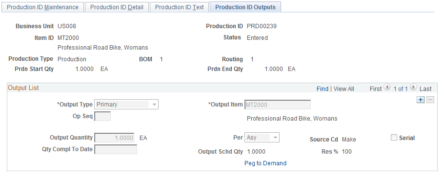 Production ID Outputs page