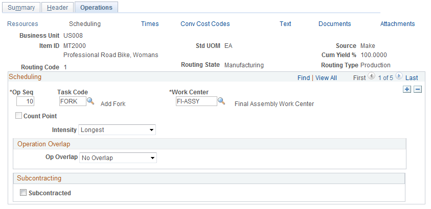 Define Routings - Operations: Scheduling page