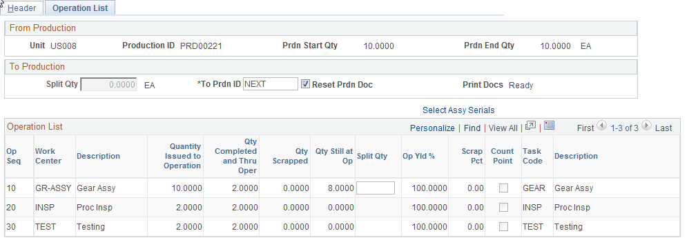 Production ID Split - Operation List page