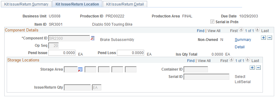 Kit Issue/Return Location page