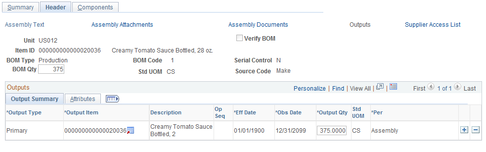 The Update Staged BOM Details - Header: Outputs page