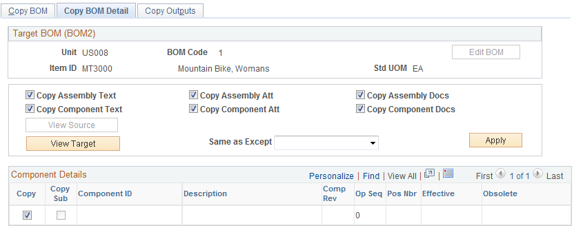 Copy BOM Detail page