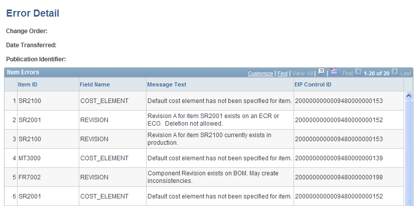 PDX Change Order Exception - Error Detail page (1 of 2)