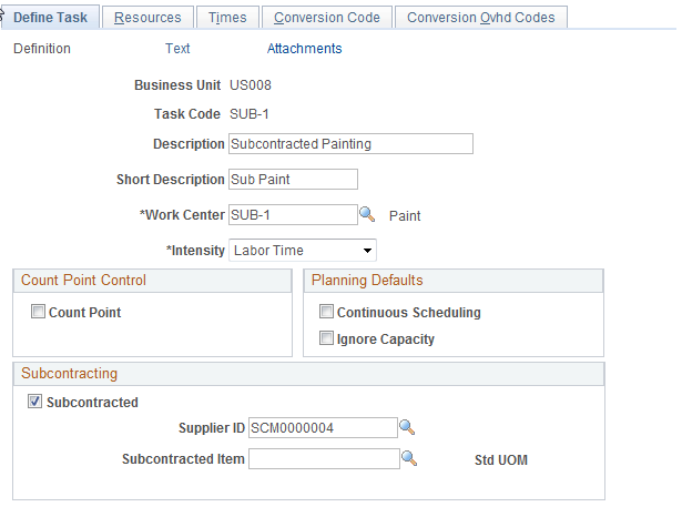 Define Work Center - Definition page