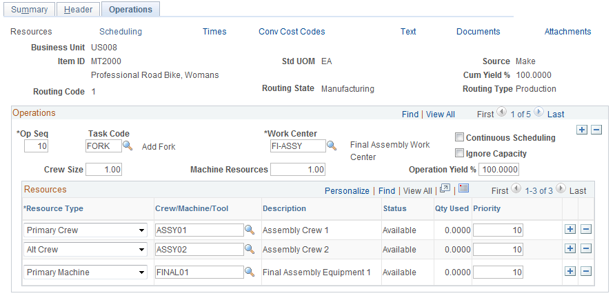 Define Routings - Operations: Resources page