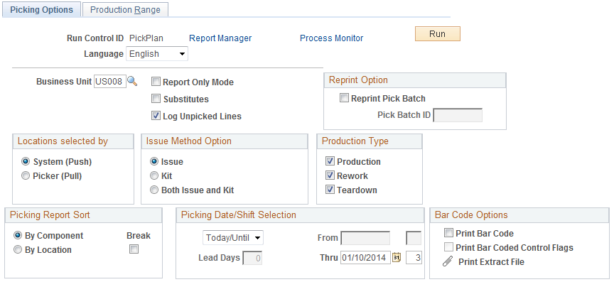 Picking Options page