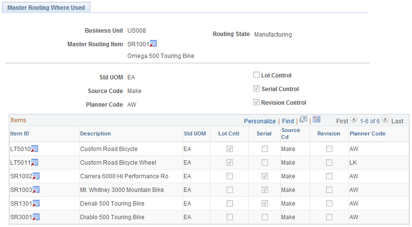 Master Routing Where Used page