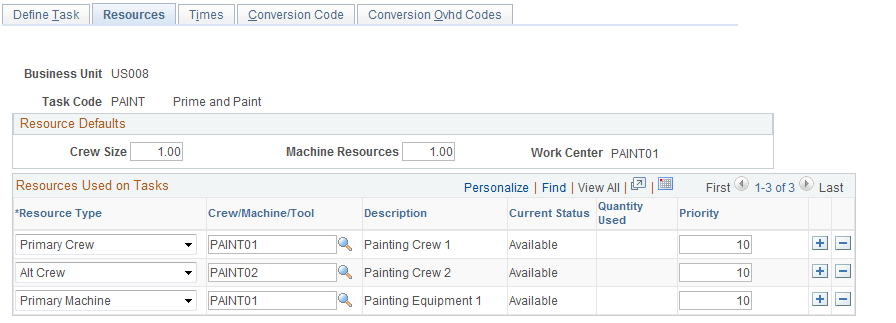 Define Task - Resources page