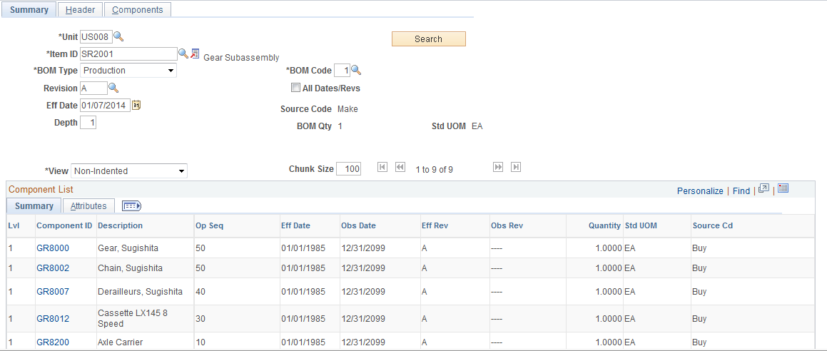 Manufacturing BOMs - Summary inquiry page