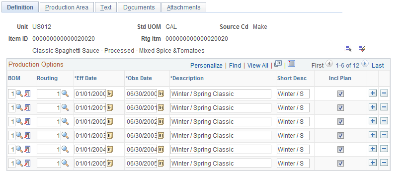 Define Production Options - Definition page