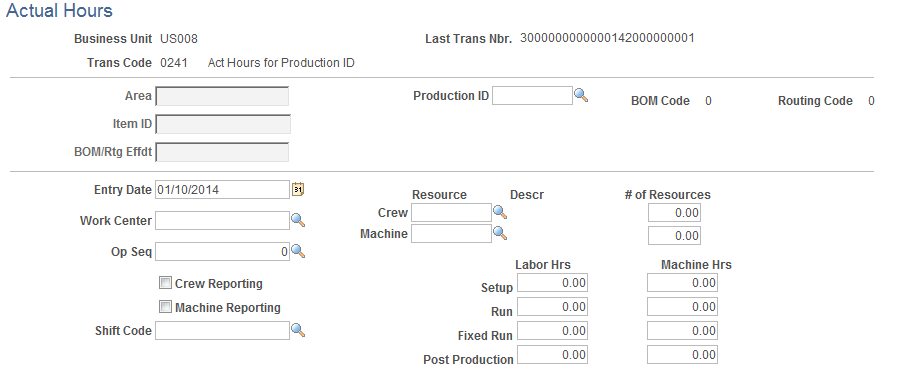 Actual Hours page (electronic data collection)