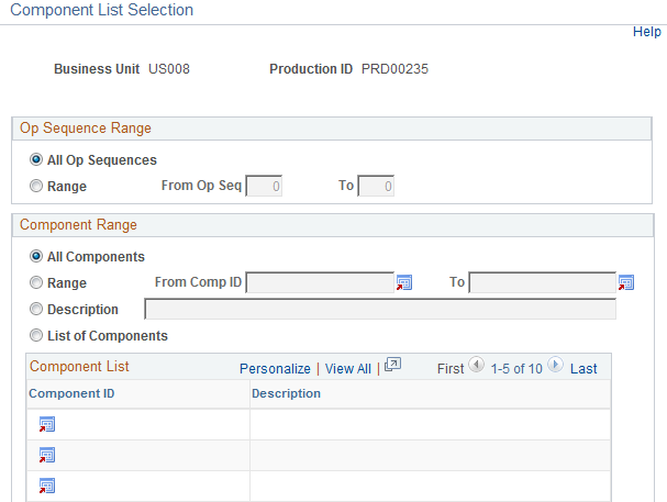 Component List Selection page