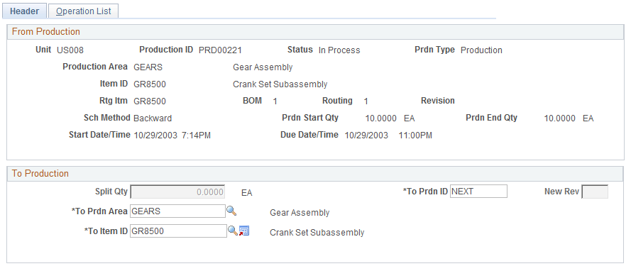 Production ID Split - Header page