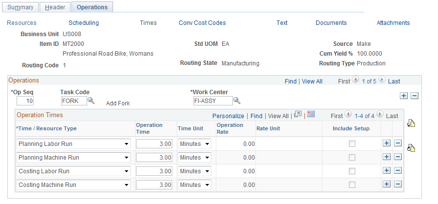 Define Routings - Operations: Times page