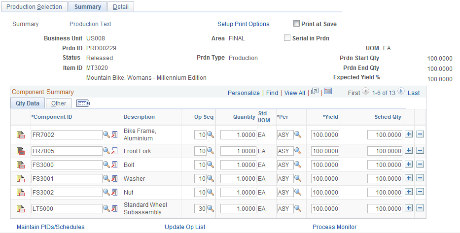 Update Component List - Summary: Summary page: Qty Data tab