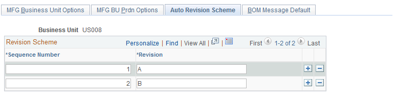 Manufacturing Options - Auto Revision Scheme page