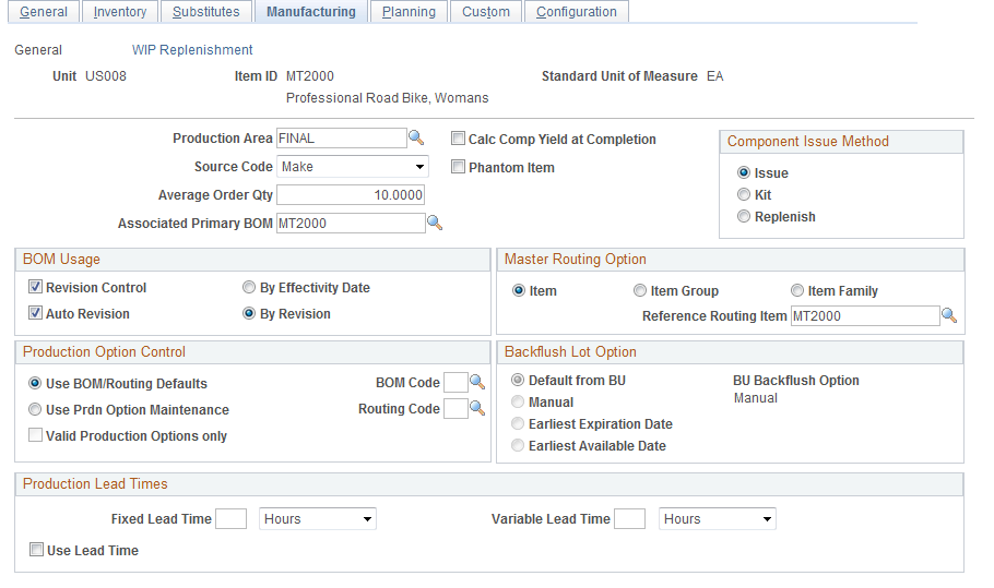 Define Business Unit Item - Manufacturing: General page