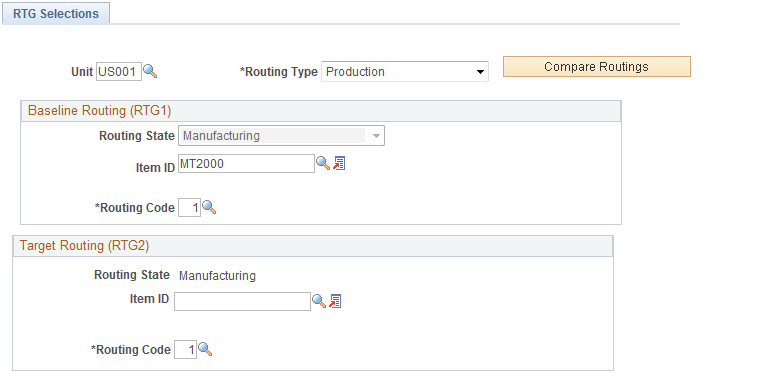 Routing Comparison - RTG Selections page