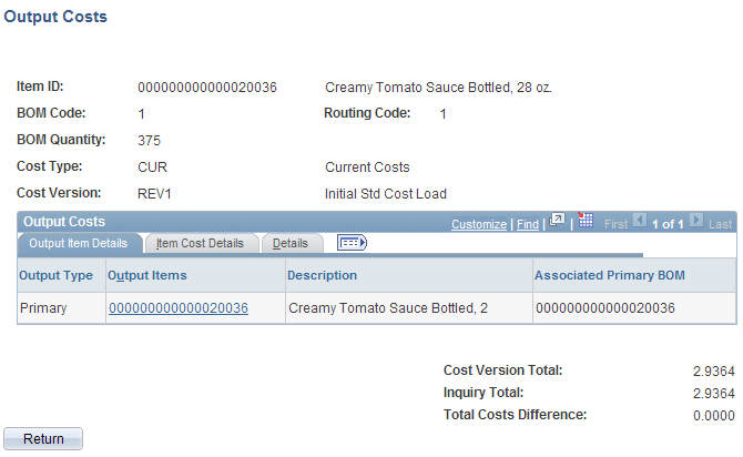 Output Costs page