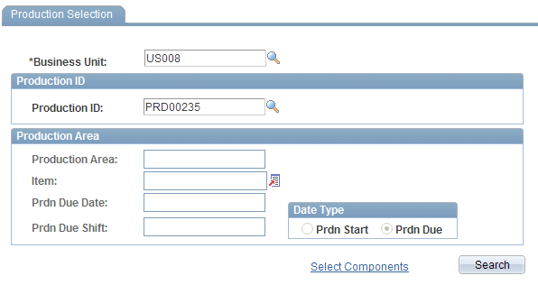 Update Component List - Production Selection page