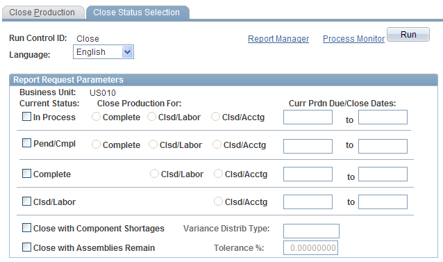 Close Status Selection page