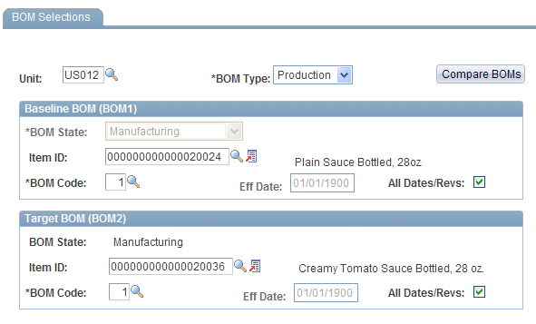 Compare BOMs - BOM Selections inquiry page