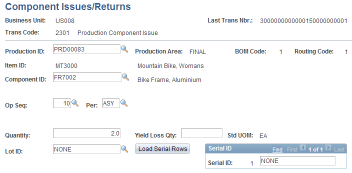 Component Issues/Returns page