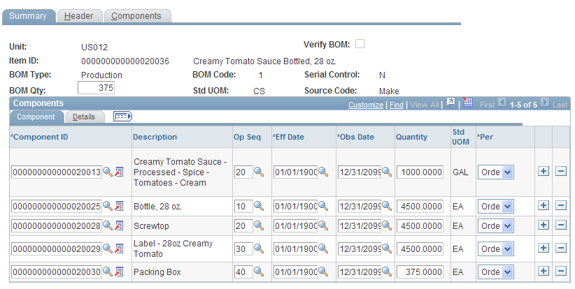 Manufacturing BOMs - Summary page: Components tab