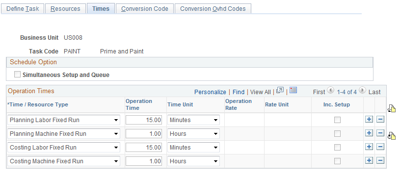 Define Task - Times page